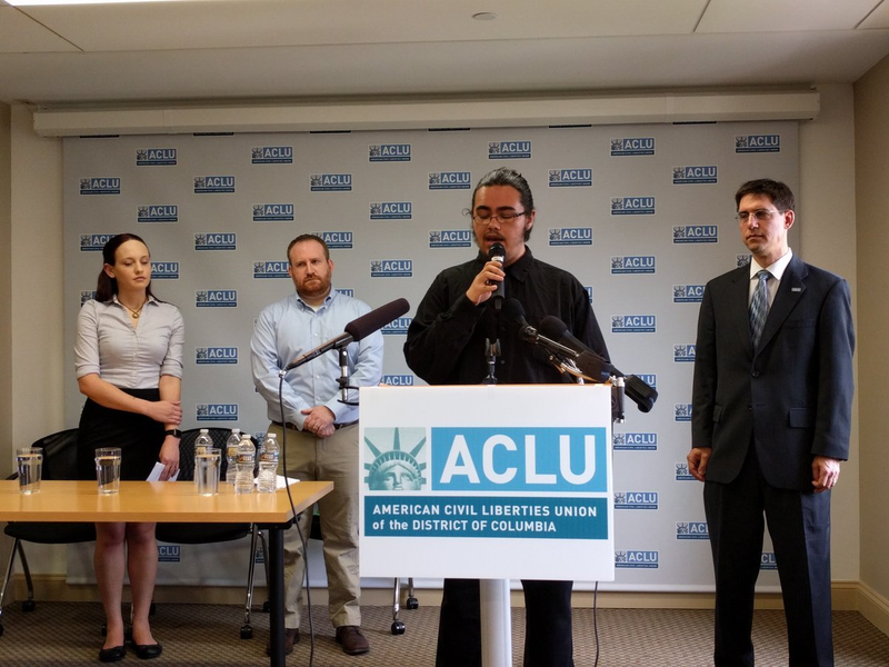 Shay Horse discusses the ACLU lawsuit Wednesday at the National Press Club. “I was just doing my job,” he said. (Zoe Tillman/Twitter)